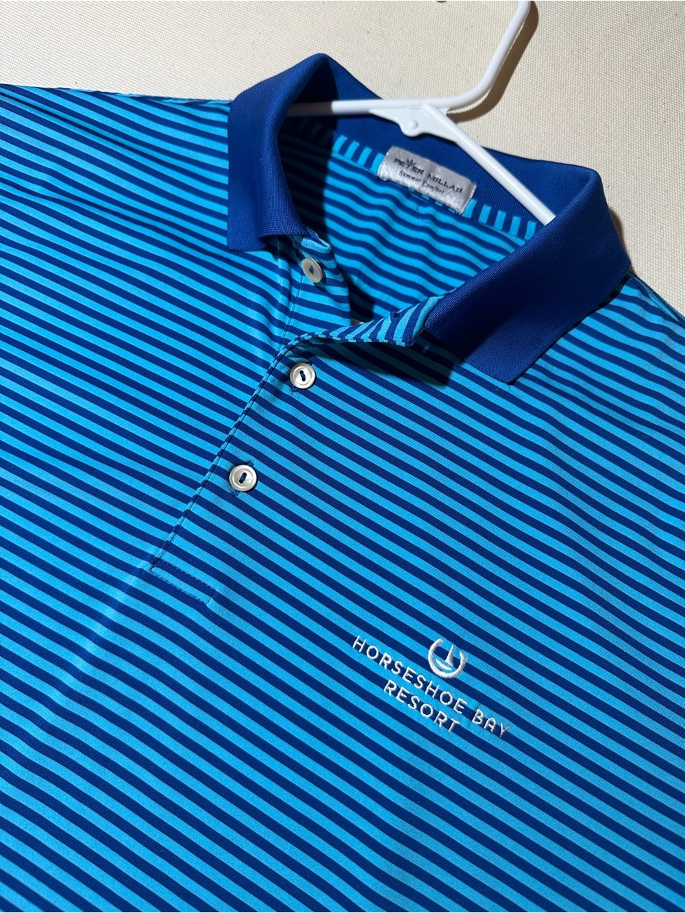 Peter Millar Blue Striped Mens Polo Shirt x Horseshoe Bay Resort